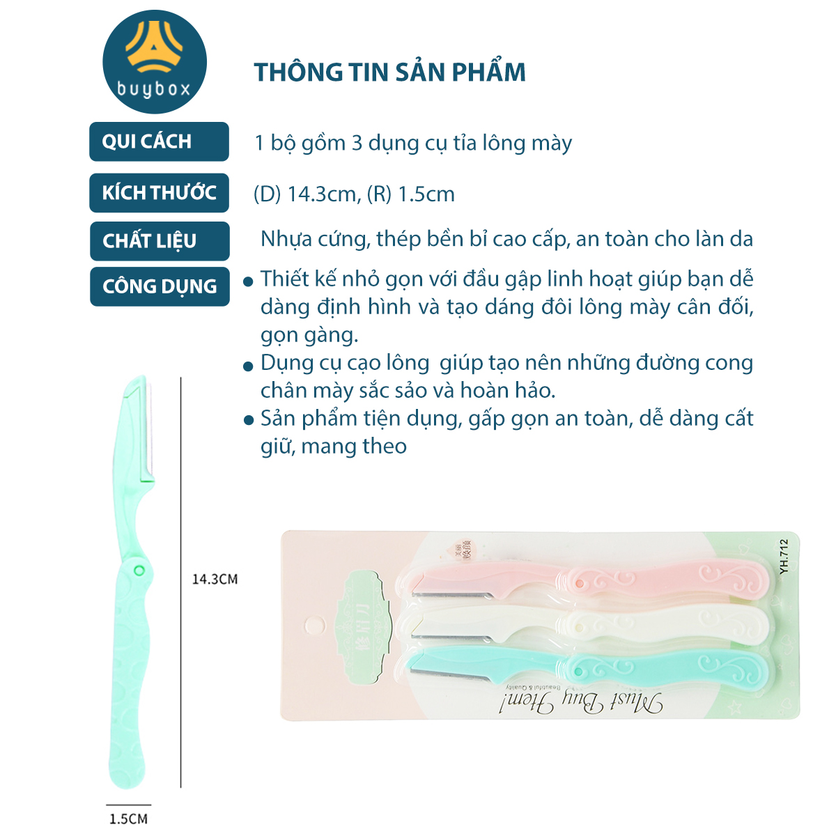 Bộ tỉa lông mày chất liệu nhựa cứng chắc chắn, dễ sử dụng, thiết kế gấp gọn tiện lợi dễ bảo quản - BuyBox -BBPK348