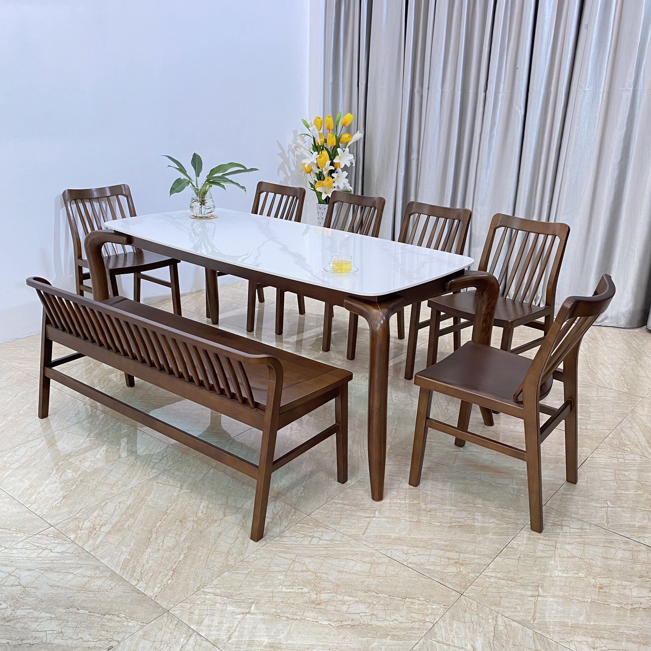 Bộ bàn ăn Mặt đá Xuân Hè 6 ghế 1 BENCH