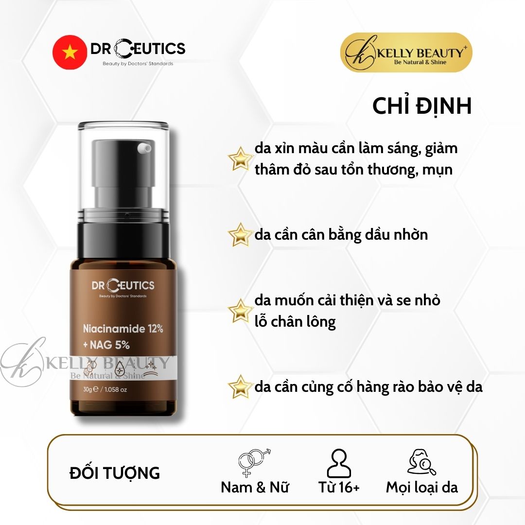 Serum Vitamin B3 12% DrCeutics - Da Sáng Đều Màu &amp; Se Lỗ Chân Lông - Niacinamide 12% + NAG 5% | Kelly Beauty