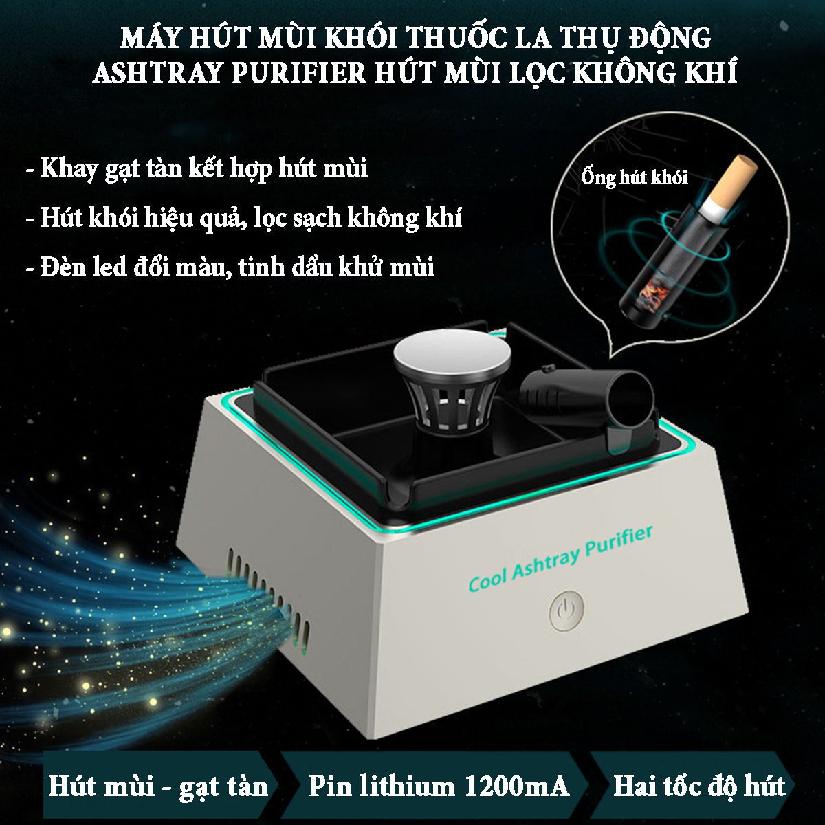 Máy hút mùi khói thuốc la thụ động Ashtray purifier 2 tốc độ gió công suất 3W, dung lượng pin 1200mAh kết hợp gạt tàn lọc không khí, có đèn led