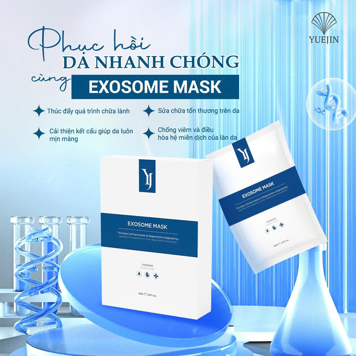 Mặt nạ tế bào gốc Exosome Cho Da Nhạy Cảm, Yuejin hộp 10 miếng, chống lão hóa, tăng cường độ đàn hồi