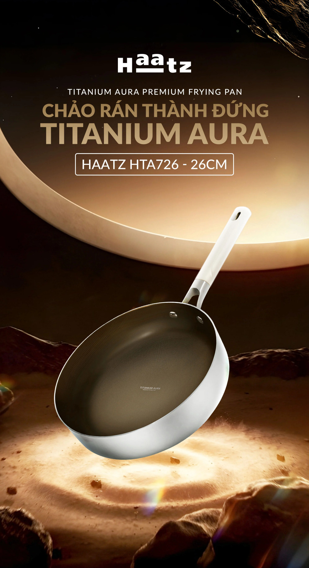 Chảo Titanium Aura Haatz HTA726 Size 26cm, inox 316, Chống Dính Tự Thân, Bền Bỉ, Dùng Cho Mọi Loại Bếp - Hàng Chính Hãng