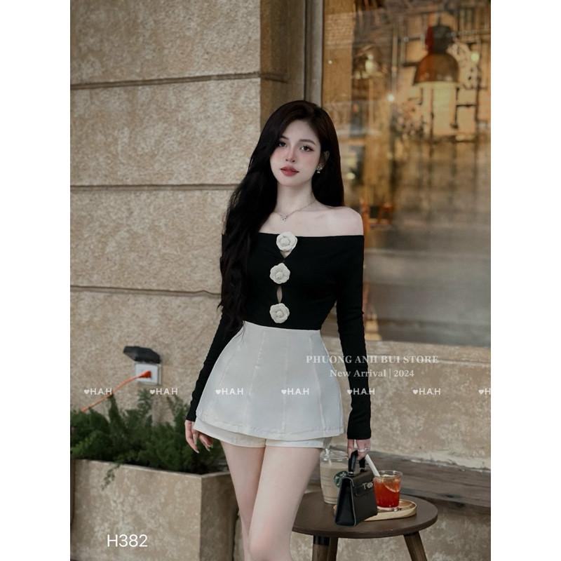 sét váy áo trễ vai 3 hoa trà ngực xịn xinh lắm  HAH BY JOLIE - Đen, Đen