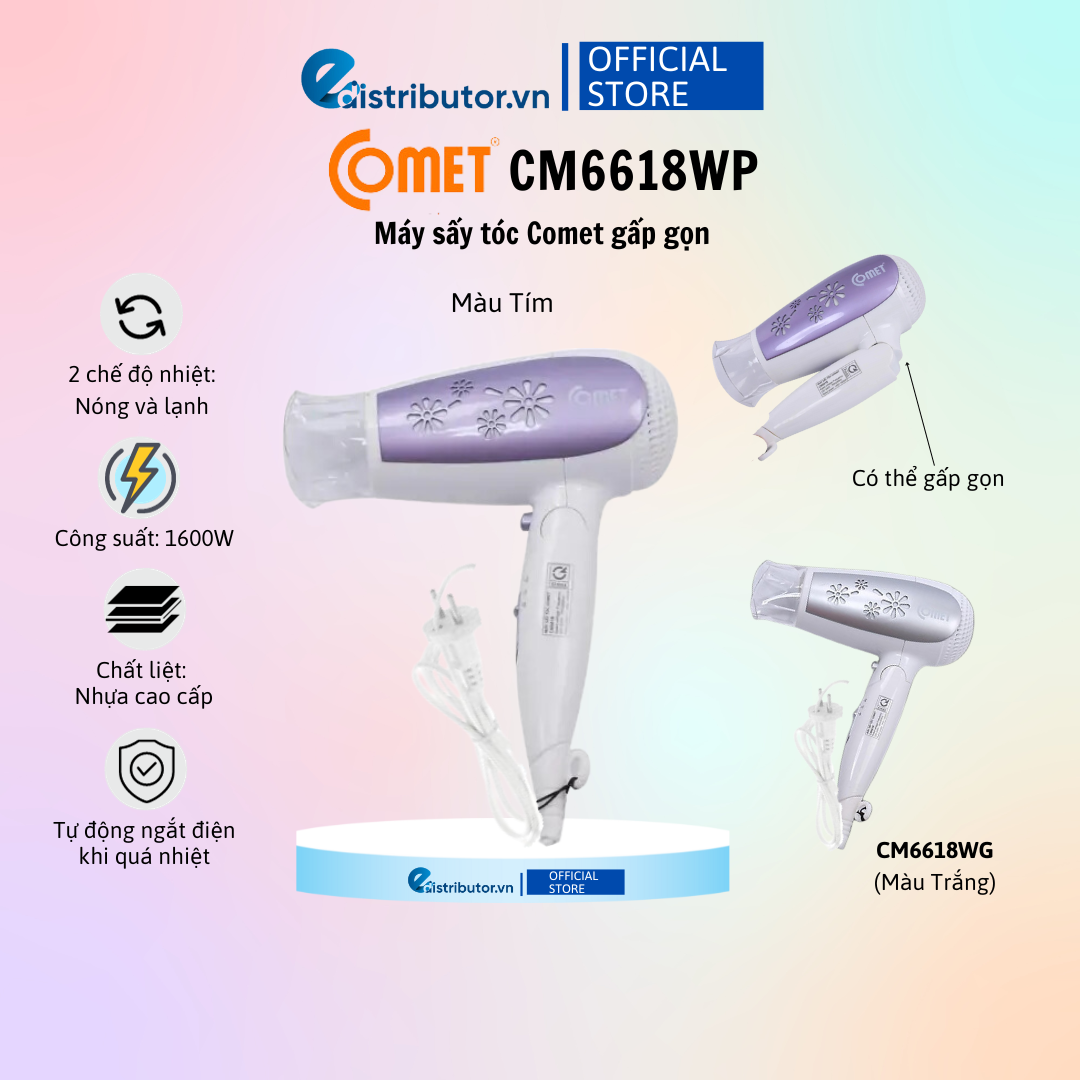 Máy sấy tóc gấp gọn 1600W COMET CM6618 - Hàng Chính Hãng - Bảo Hành 12 Tháng