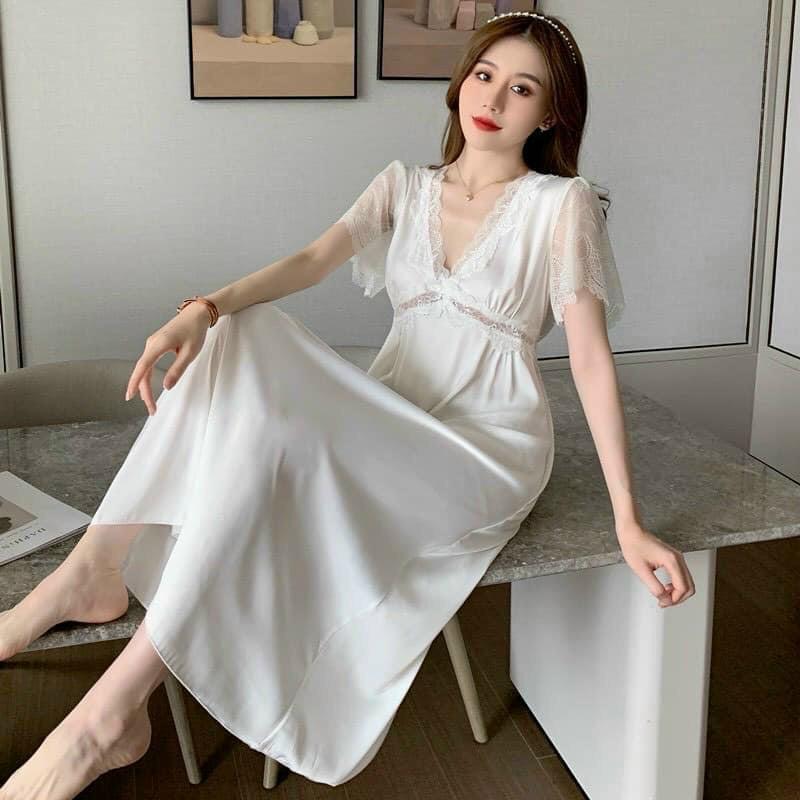 Đầm lụa ren hồng dáng dài sang chảnh - Váy ngủ nữ dáng dài kín đáo mềm mượt