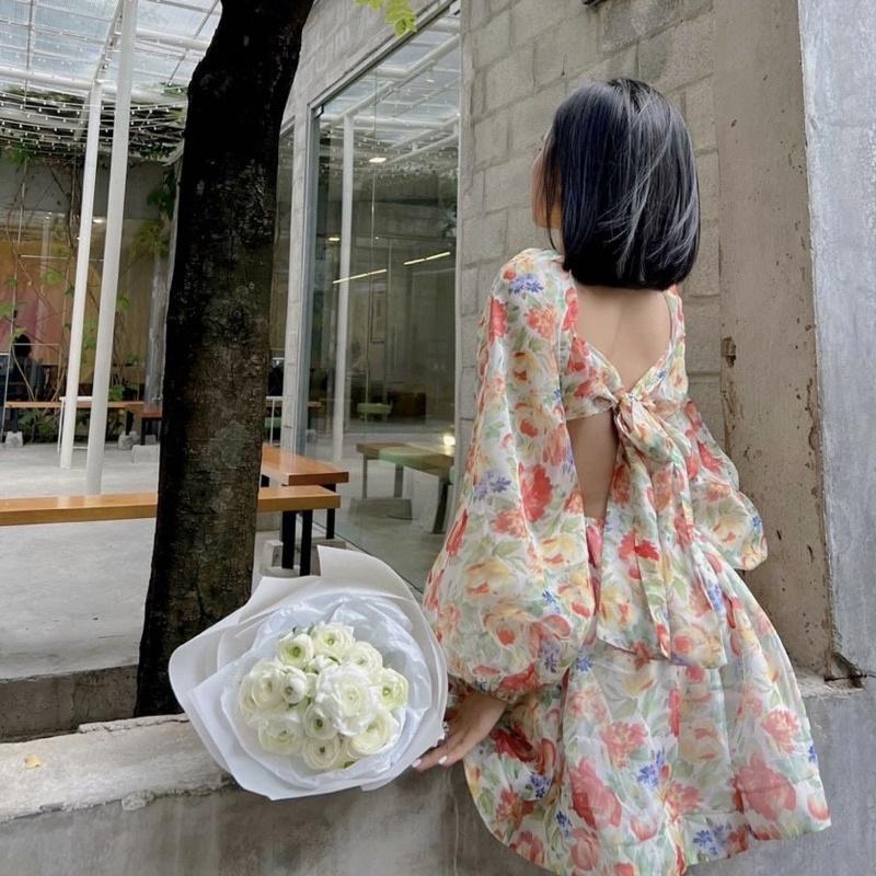 Đầm Hoa Nơ Lưng Tay Phồng Xếp Ly Thân