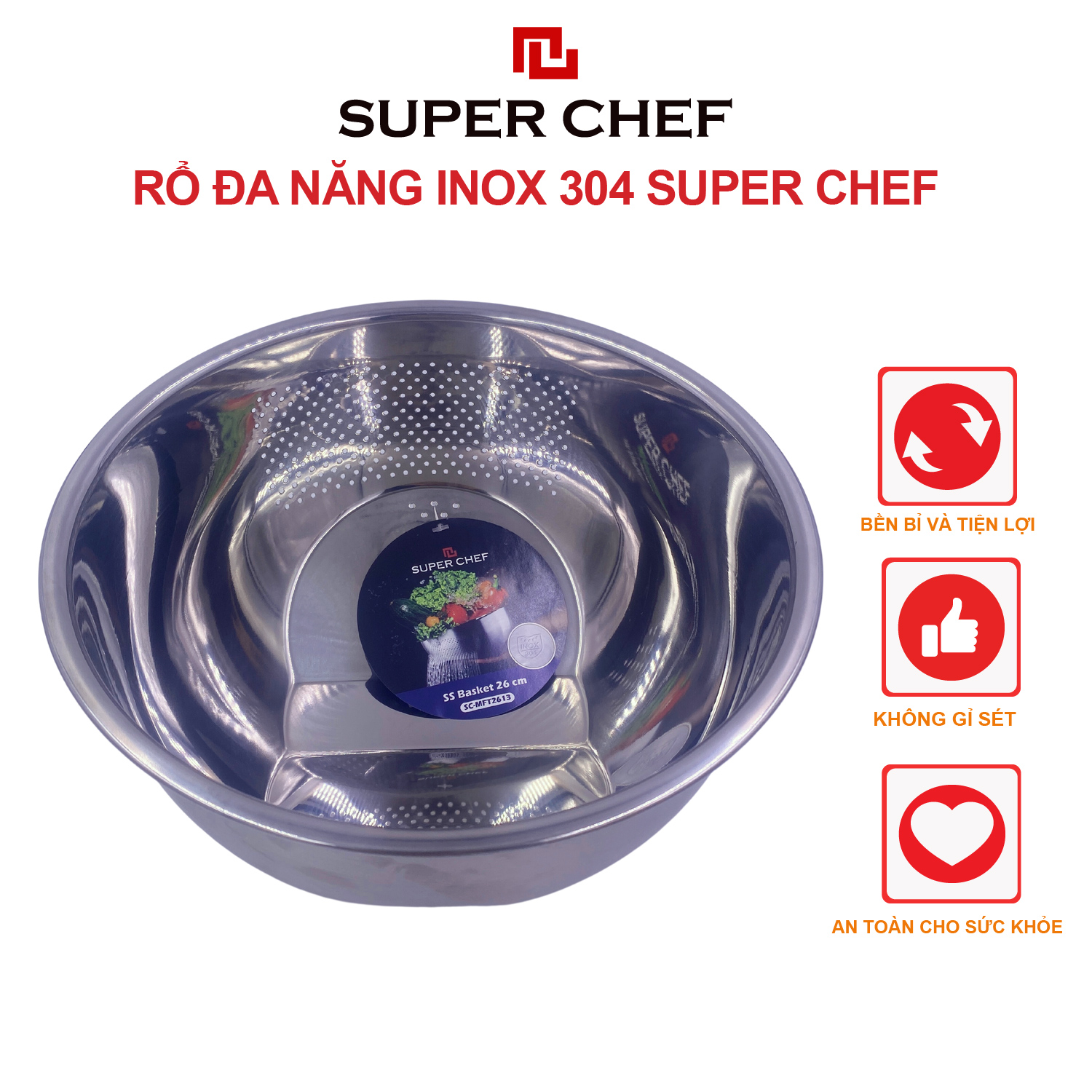 Rổ đa năng inox 304 Super Chef đa năng, tiện dụng 26 cm