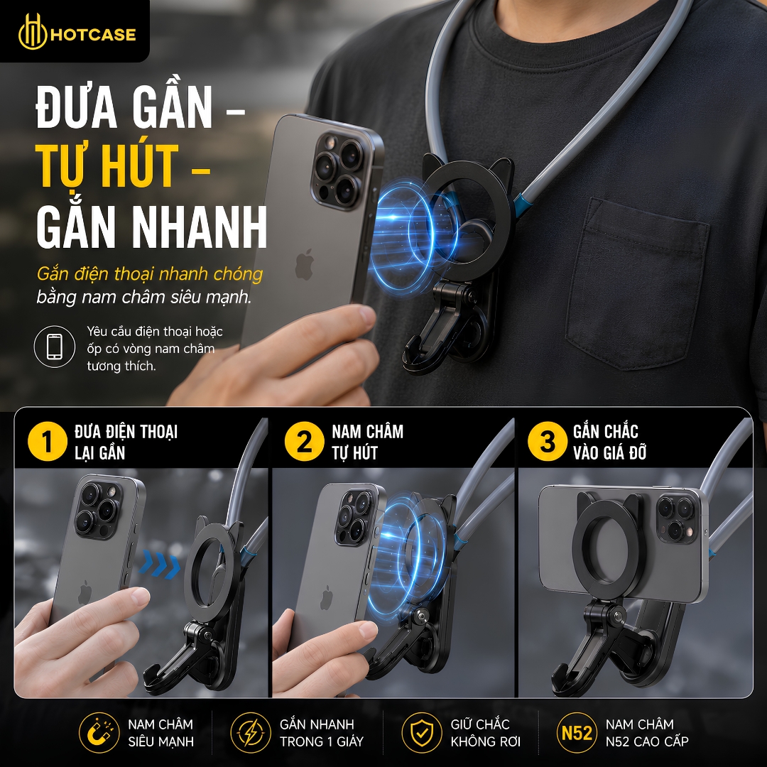Giá đỡ đeo cô từ tính magnetic hỗ trợ quay phim HOTCASE Neck Holder cho điện thoại iPhone / Samsung hỗ trợ quay vlog, POV góc nhìn thứ 1 - Hàng nhập khẩu