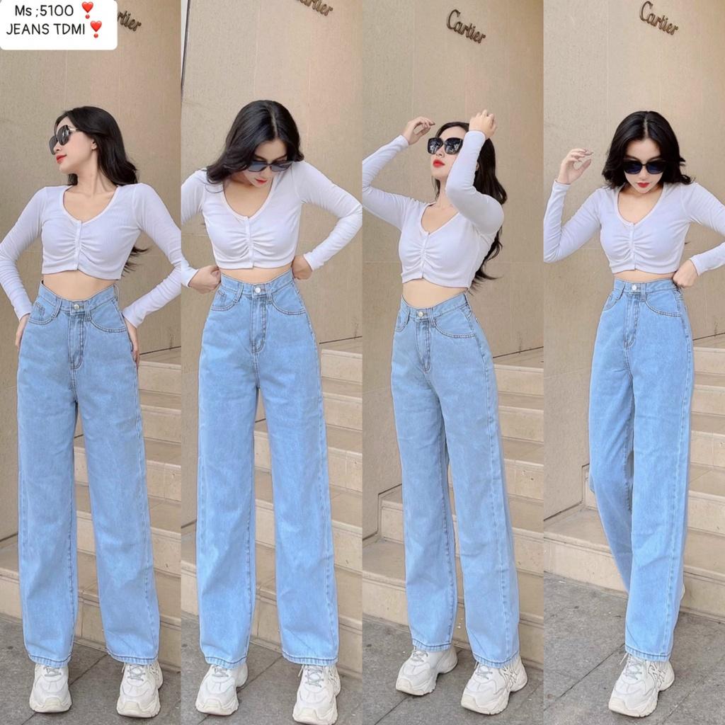 Quần jean lưng cao ống đứng lên dáng chuẩn màu xanh nhạt xanh quần lưng cao hắck dáng