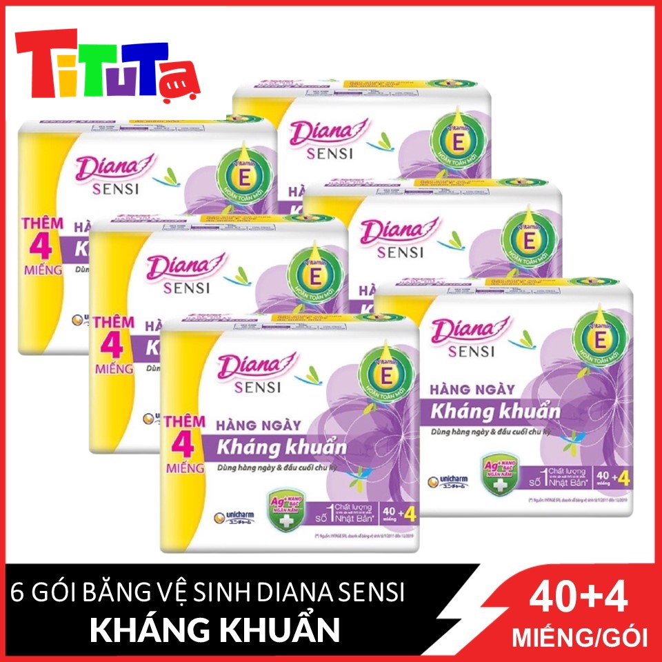 Combo 6 Băng vệ sinh Diana Sensi Hàng Ngày Kháng Khuẩn 40 + 4 miếng/gói x 6