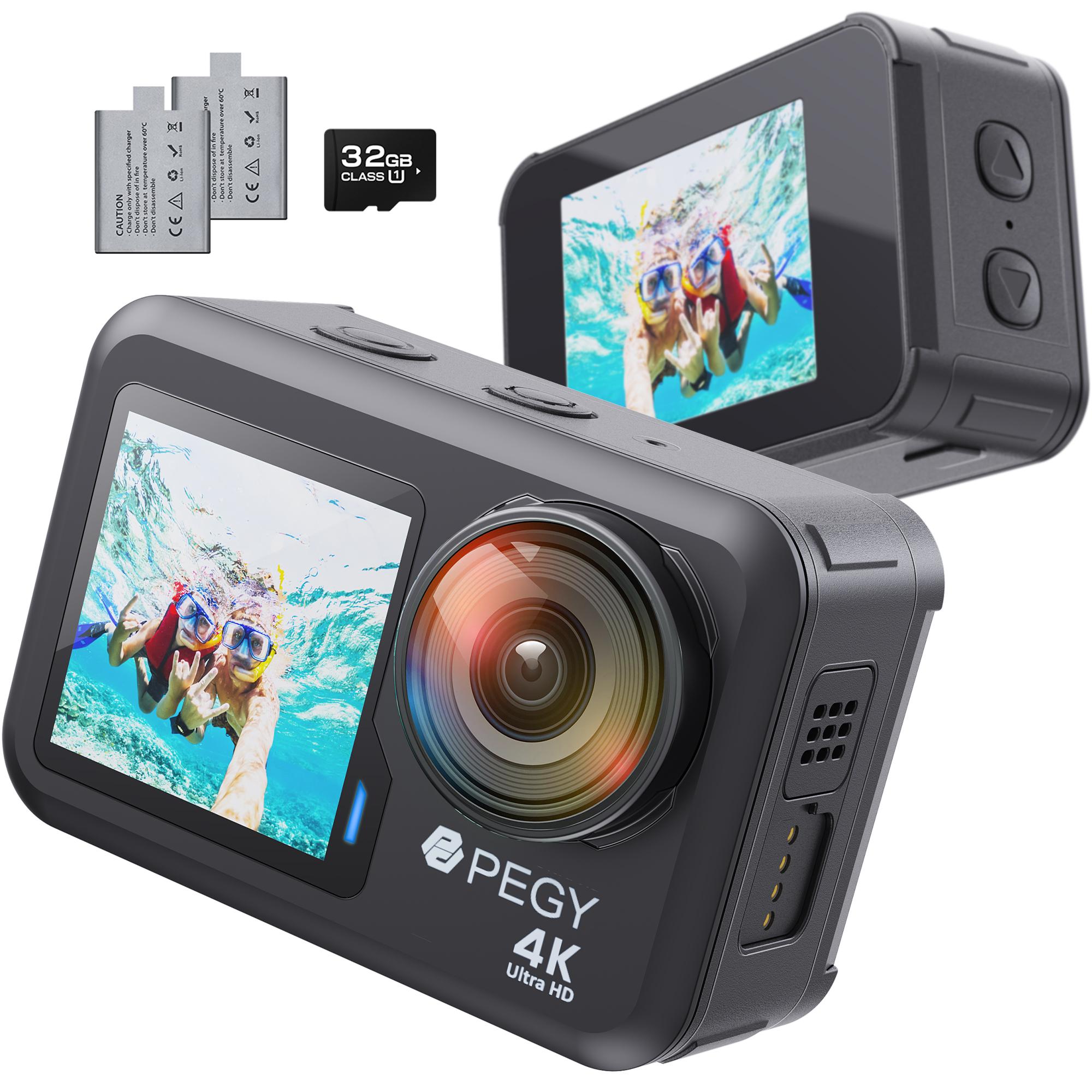 PEGY Dual Màn Hình 4K 60FPS Camera Hành Động Với EIS WiFi Camera Thể Thao Thân Mũ Bảo Hiểm Chống Thấm Nước Quay Video Thẻ Nhớ 32GB