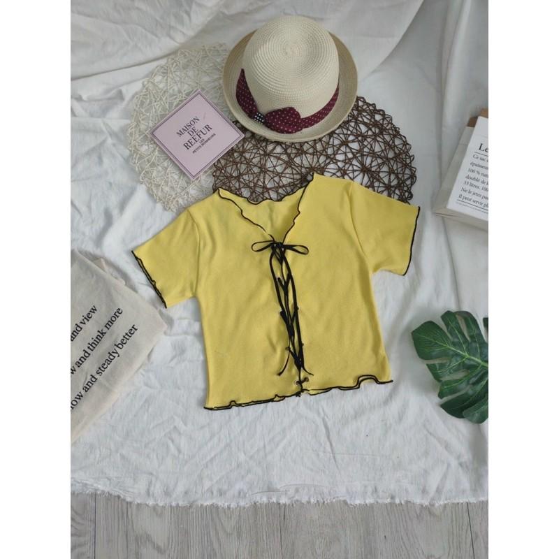 Áo croptop đan dây mắt cáo, ảnh thật trải sàn