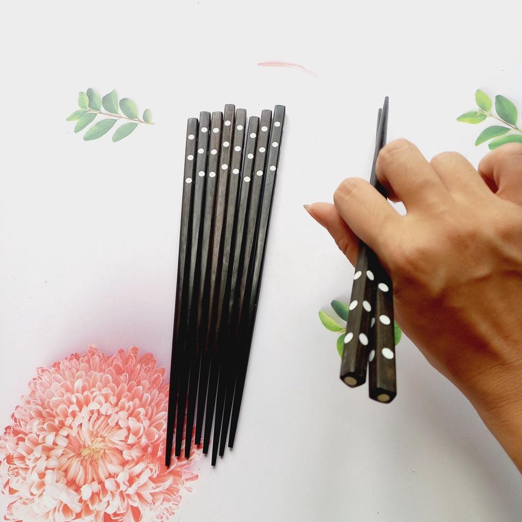 Đũa Gỗ Mun Tự Nhiên 23cm Cán Khảm Ốc, Đũa Ăn Cơm Thủ Công, Chụp Ảnh Trang Trí