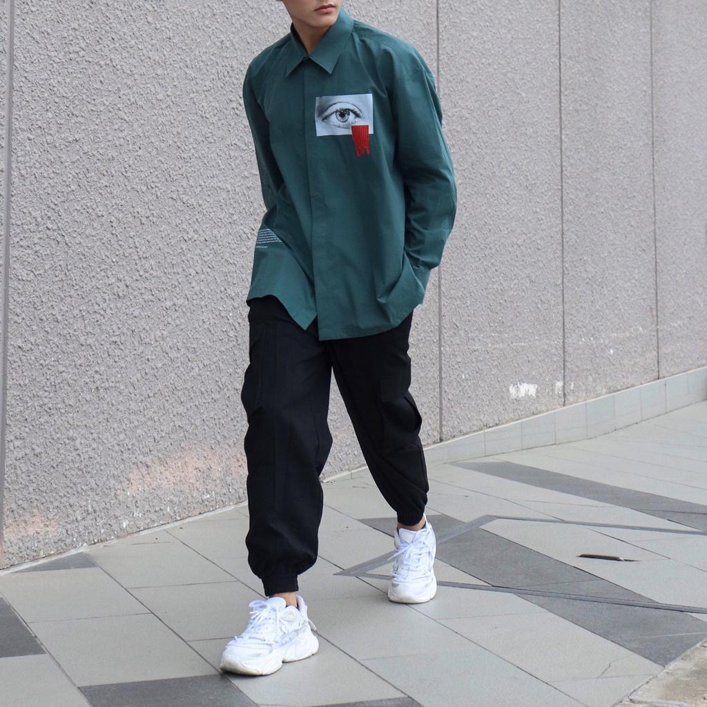 Áo sơ mi Y218 Beyond Shirt tay dài màu xanh rêu in hình
