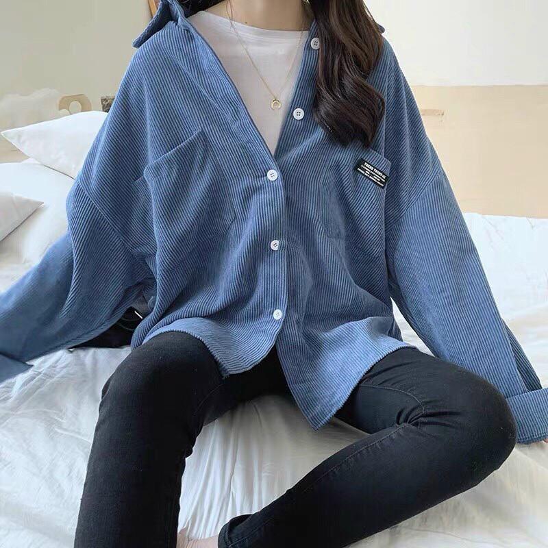 Áo Khoác Sơ Mi Nhung Gân Form Rộng Nam Nữ Unisex Logo Thêu Cá Tính