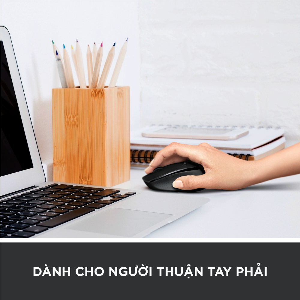 Chuột không dây Logitech M330 Silent Plus giảm ồn 90% - USB 2.4GHz, pin 2 năm, phù hợp người thuận tay phải, PC/ Laptop - Hàng chính hãng - Màu Đen
