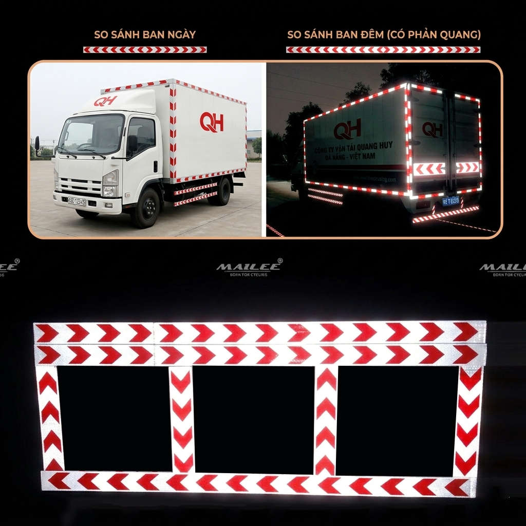 Băng Dính Phản Quang khổ rộng 10 cm x 25 mét, Cảnh Báo An Toàn Hình Mũi Tên Dùng Dán Xe Ô tô, Thùng Xe Tải, Định Hướng An Toàn, chất liệu PVC Chống Thấm Nước - Mũi Tên ĐỎ TRẮNG - Mai Lee