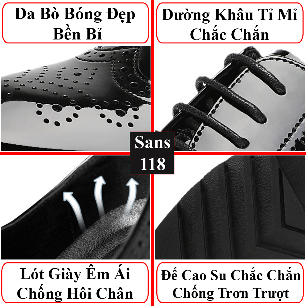 Giày tây nam tăng chiều cao 10cm Sans118 giầy da bóng đế độn nâng gót chú rể mặc vest âu công sở cao cấp size nhỏ bé 37