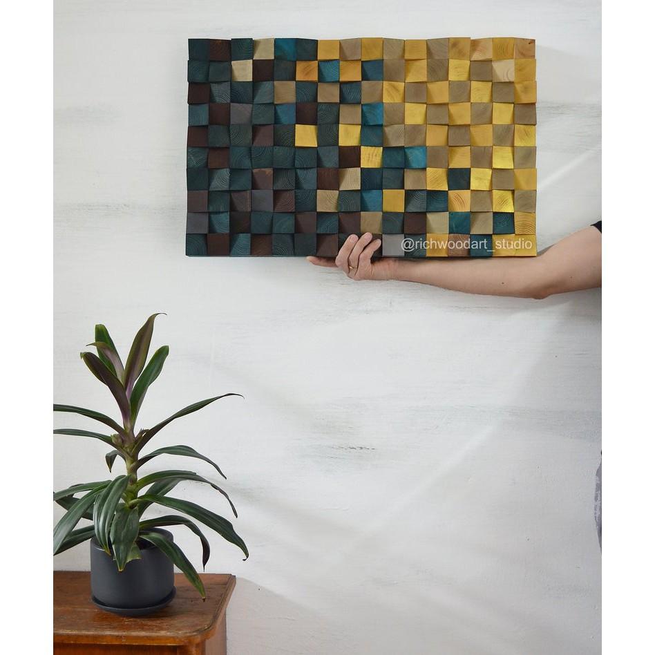 Tranh gỗ trang trí 3D tone XANH VÀNG ẤM ÁP (Wood mosaic) - (KÍCH THƯỚC 30x40 và 40X60cm)