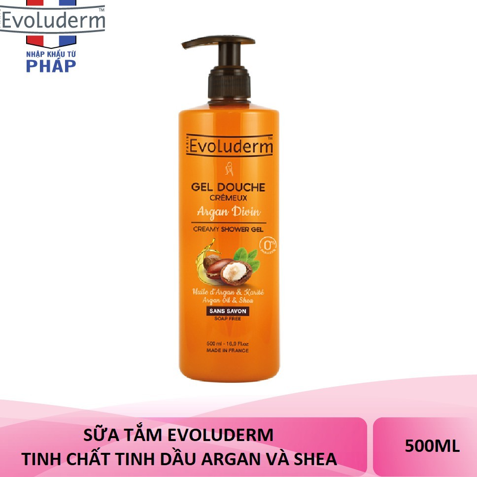 Gel tắm dịu nhẹ cho da Tinh chất Argan và Bơ hạt mỡ Gel Douche Argan Divin Evoluderm 500ml - 17300