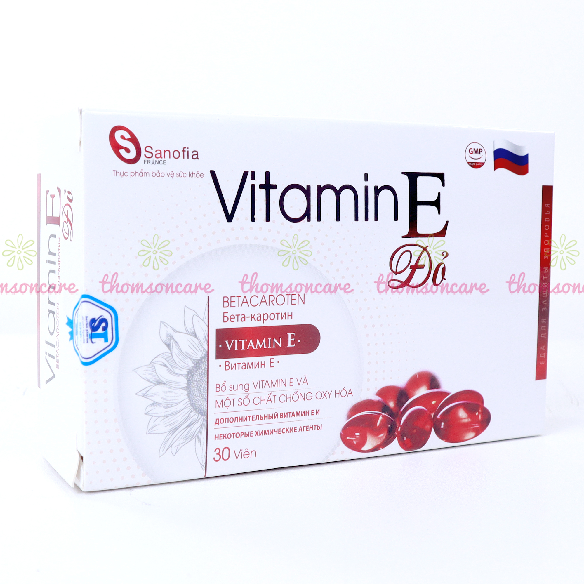 Vitamin E đỏ Sanofia - Giúp đẹp da, giảm lão hóa, chống oxy hóa, giảm nhăn da, nám da, tàn nhang, trắng da từ dầu hạt hướng dương - Hộp 30 viên Thomsoncare