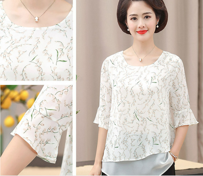 Áo Kiểu Hoa Trung Niên Mềm Đẹp Cho Mẹ SM65 - Hàng Quảng Châu Cao Cấp