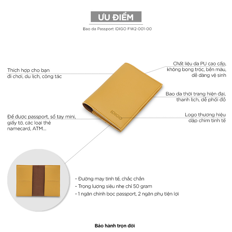 [QUÀ TẶNG - MÀU NGẪU NHIÊN] Bao da Passport chữ nhật IDIGO FW2-001