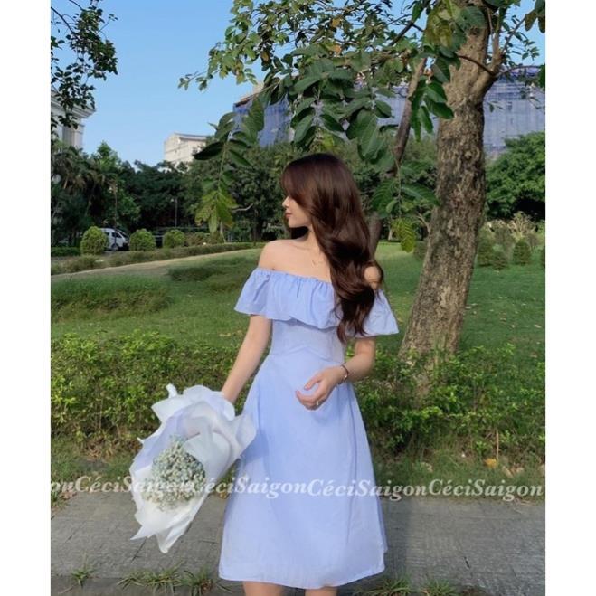 Đầm bẹt vai bèo xanh nhún lưng