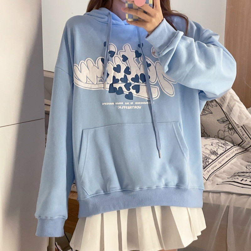 Áo Khoác Hoodie Nam Nữ Chui Đầu Logo In Chữ Nổi Phối Hình Tim Có Nón 2 Lớp Che Nắng Cực Tốt TP