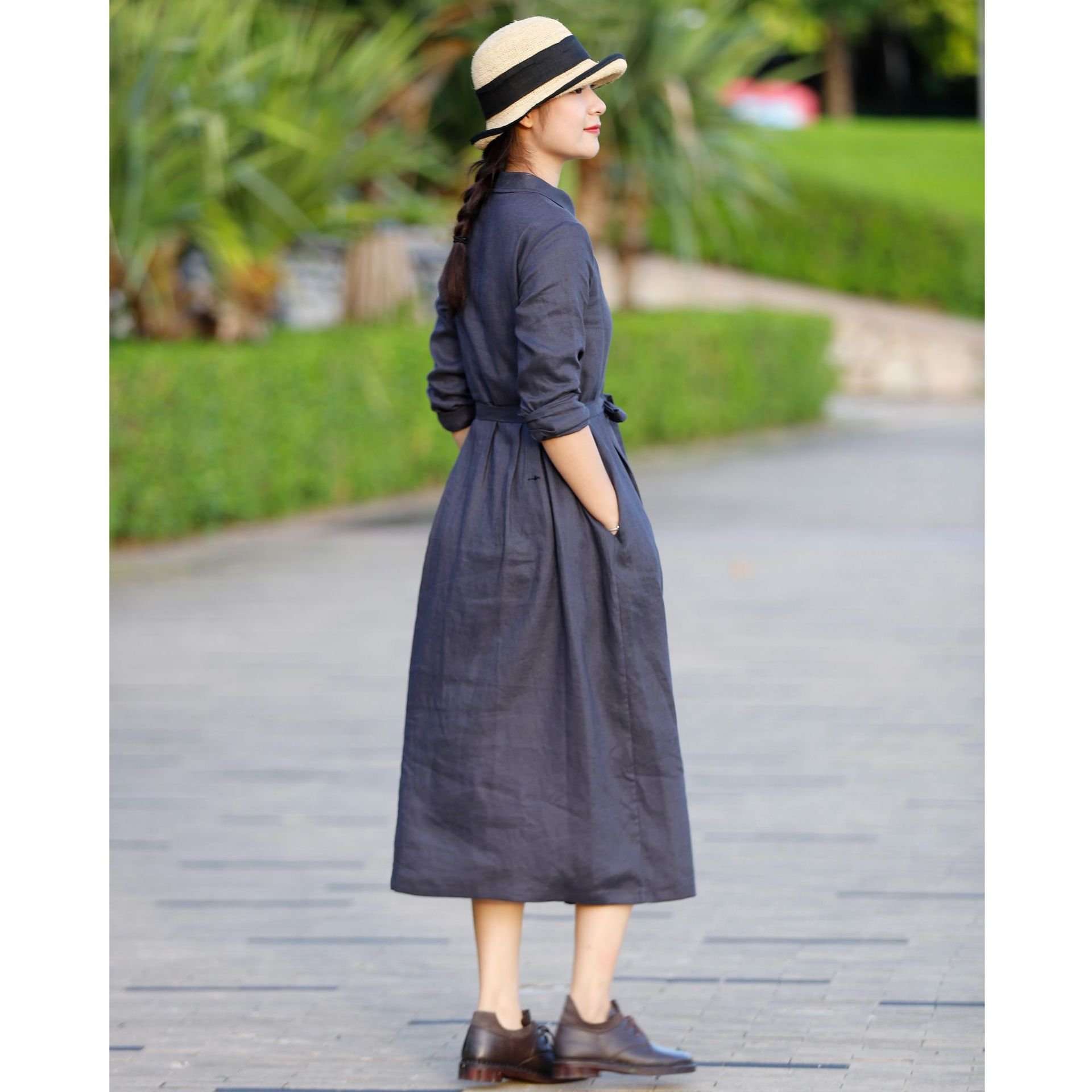 Đầm sơ mi nữ thời trang thiết kế dây thắt eo, chất linen mềm mát màu xanh đen thời trang hè cho nữ Da161