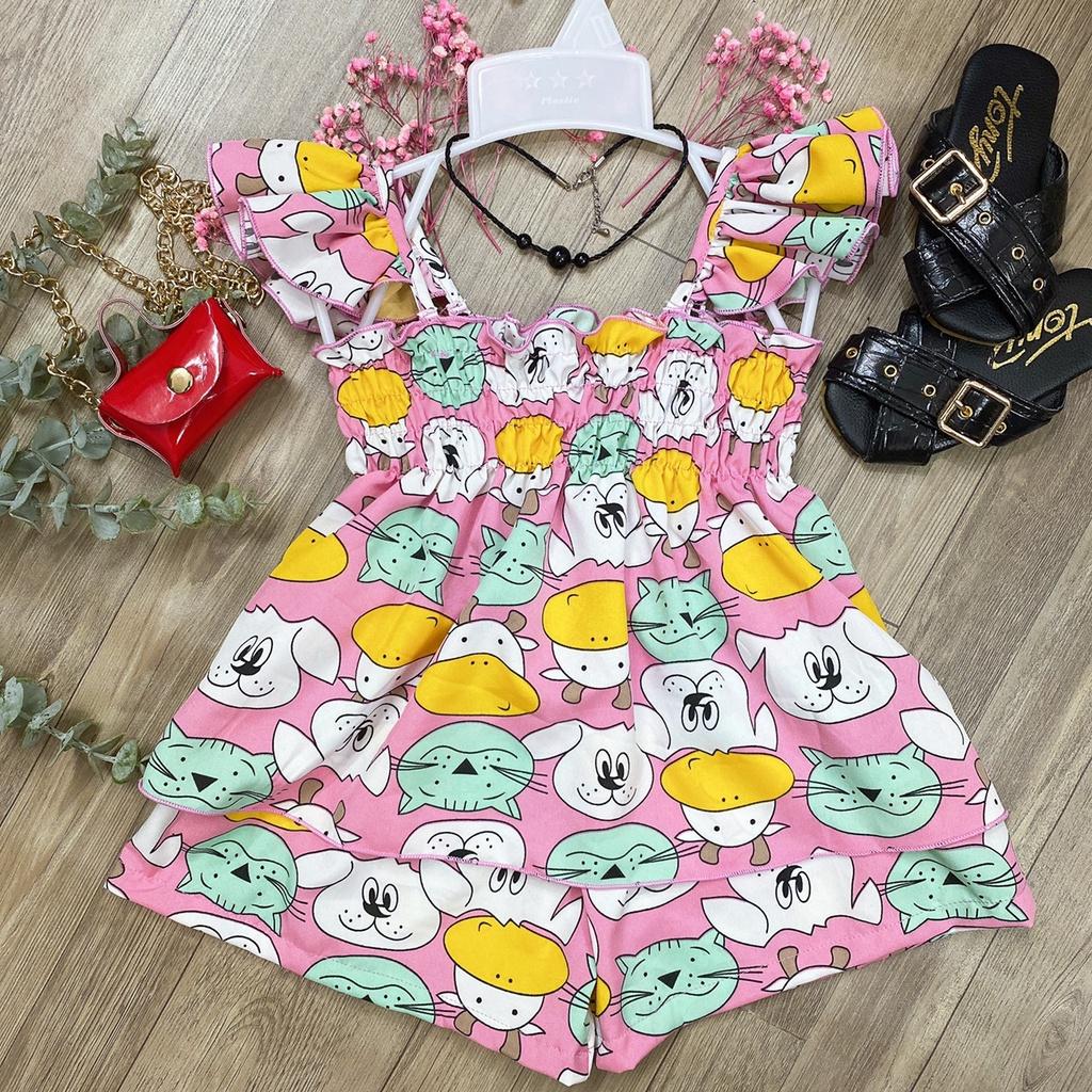 Bộ quần áo bé gái 2 dây hồng họa tiết mèo chất liệu lụa 8-23kg Angel Baby Thời Trang Thiết Kế