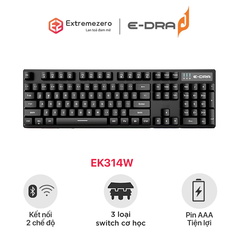 Bàn phím cơ chơi game không dây E-Dra EK314W - Kết nối 2.4Ghz / Bluetooth - Switch E-dra - Anti ghosting 18 phím - Hàng chính hãng