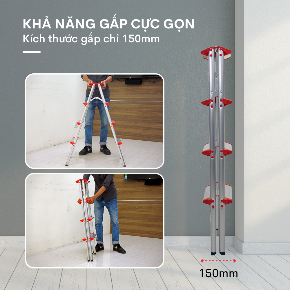 Thang nhôm chữ A 4 bậc cao 1 Mét gấp gọn FUJIHOME DL204, thang ghế 4 bậc xếp gọn gia đình- Hàng chính hãng