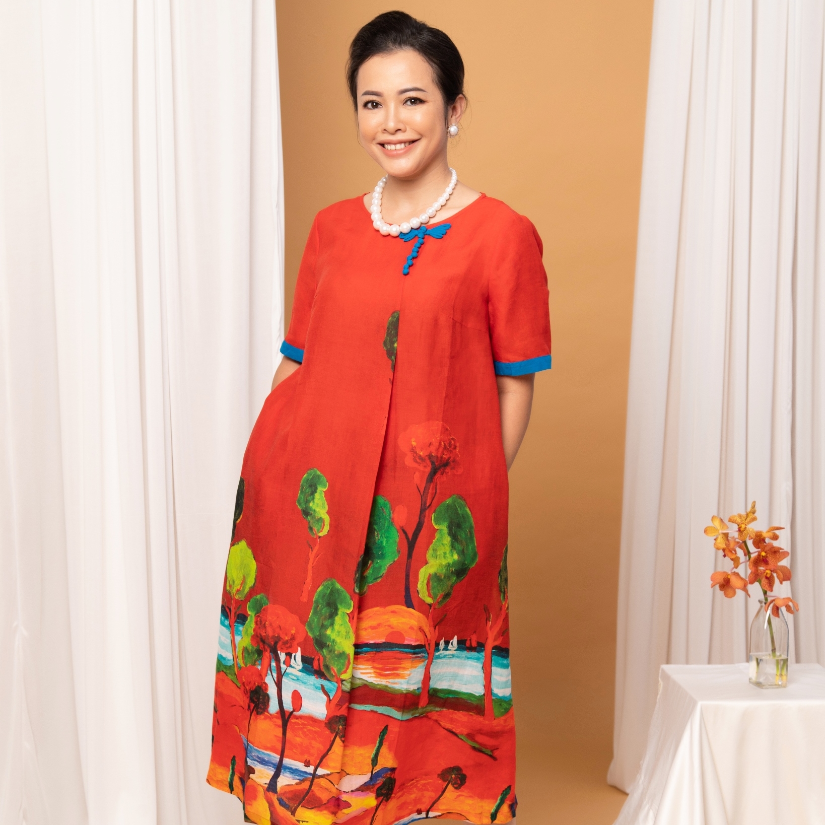 Đầm suông trung niên iDiva D14-12; chất liệu linen cao cấp, bigsize phù hợp u50 dự tiệc &amp; dạo phố