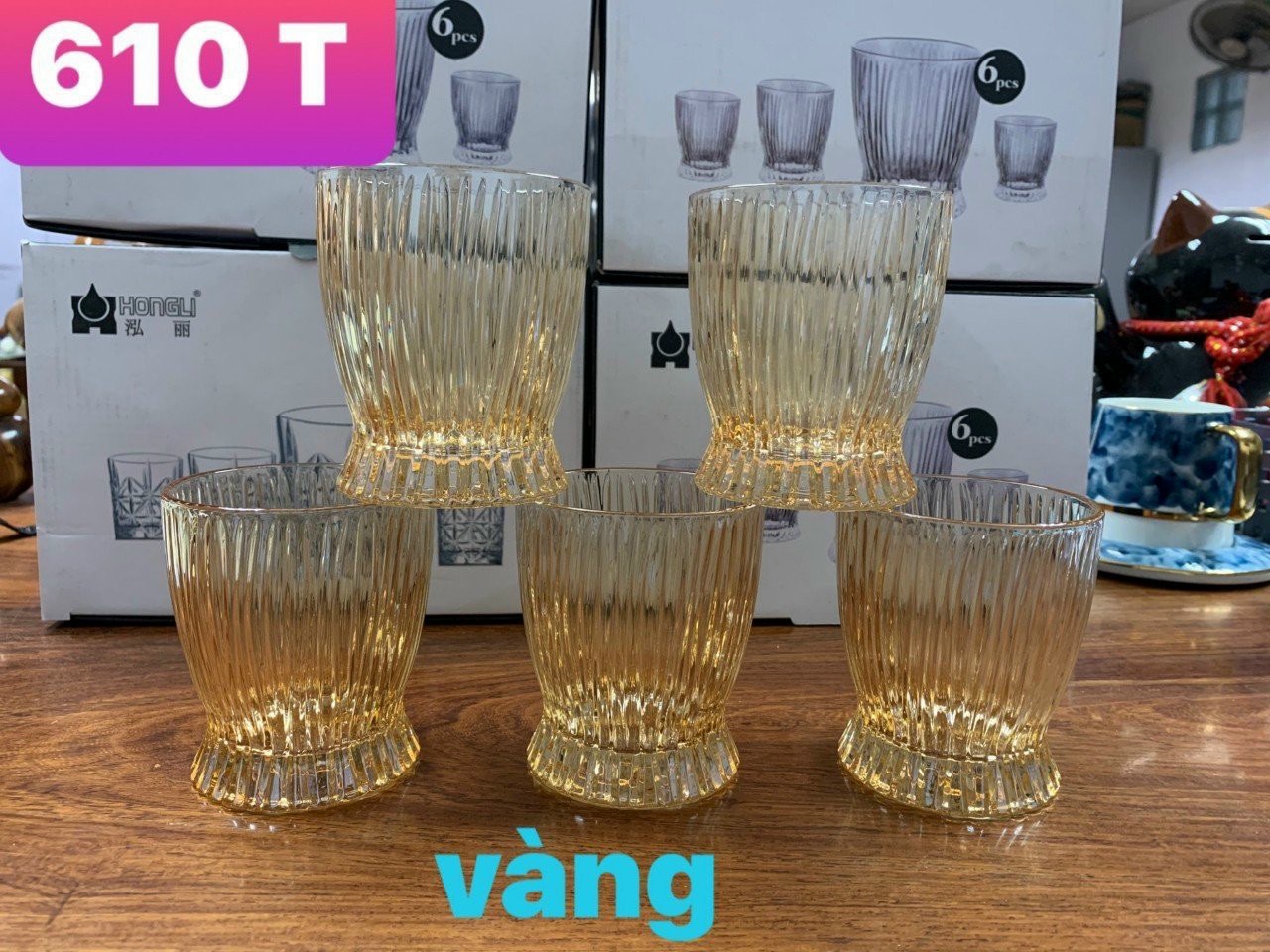 Bộ 6 cốc thủy tinh vàng vân dọc cao cấp