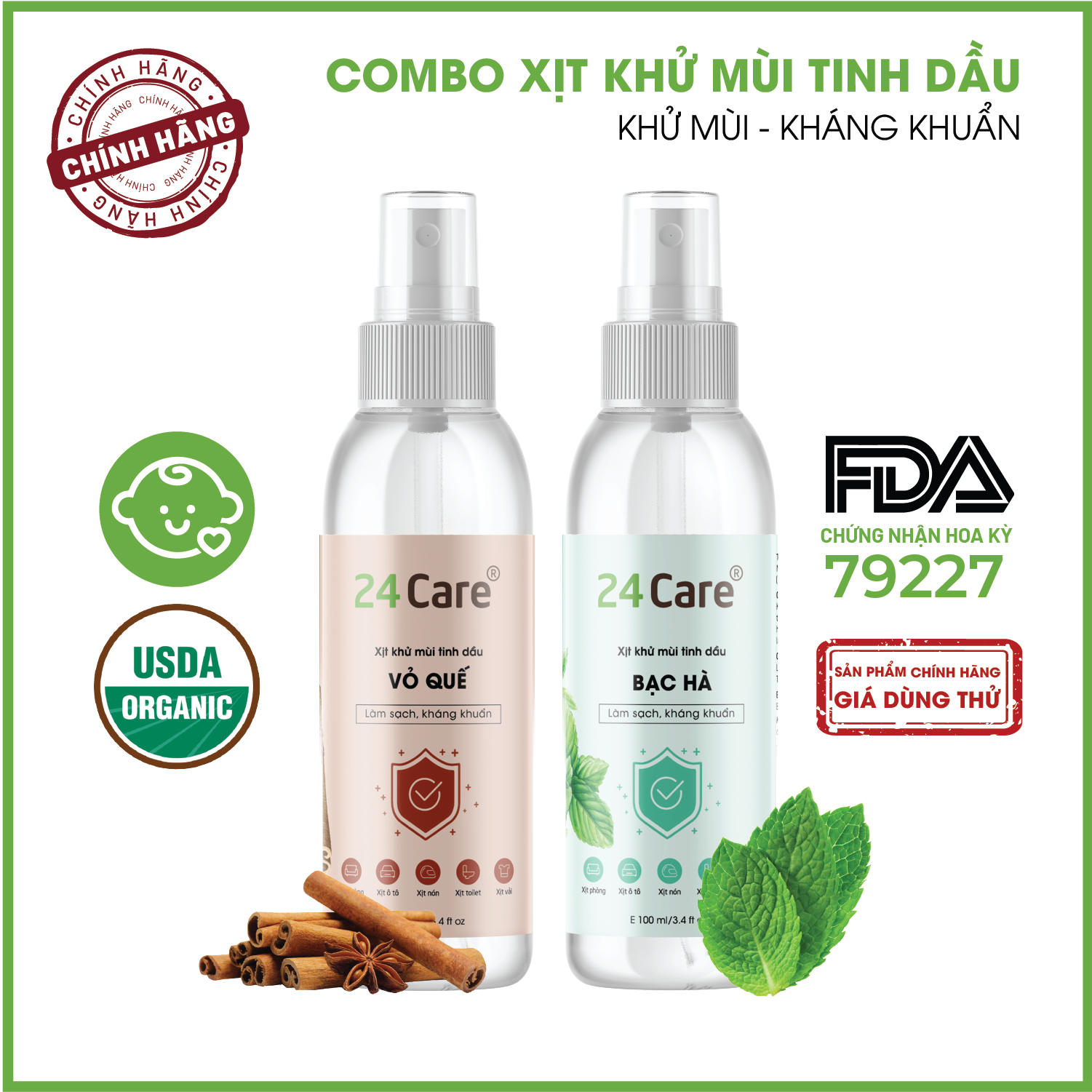 Combo 2 Tinh dầu Xịt phòng Bạc Hà+ Quế Hữu Cơ Organic 24Care 100ML/Chai - Có giấy Công bố của Bộ Y Tế