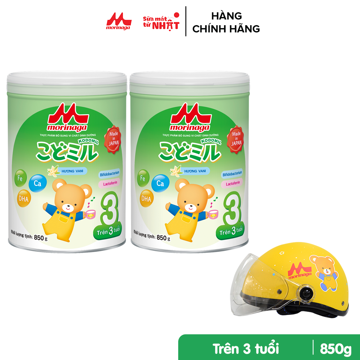 Combo 2 hộp Sữa Morinaga số 3 Kodomil 850g (hương Vani) - Tặng 1 nón bảo hiểm trẻ em nửa đầu có kính