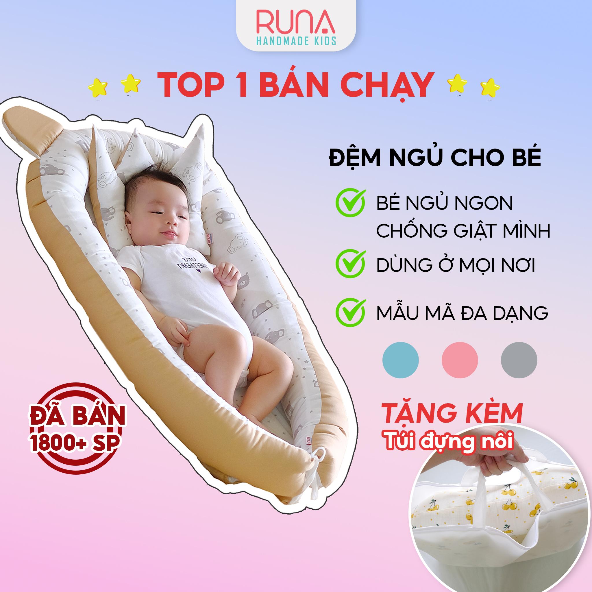 Đệm ngủ cho bé Nôi ngủ chung giường cho bé sơ sinh Runa Kids vải Cotton Hàn thoáng mát giúp bé ngủ ngon chống giật mình