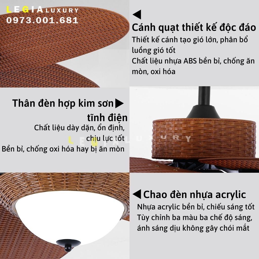 Quạt Trần Phong Cách Indochine Lê Gia LGFAN739 | Quạt Trần Đẹp - Hàng Nhập Khẩu