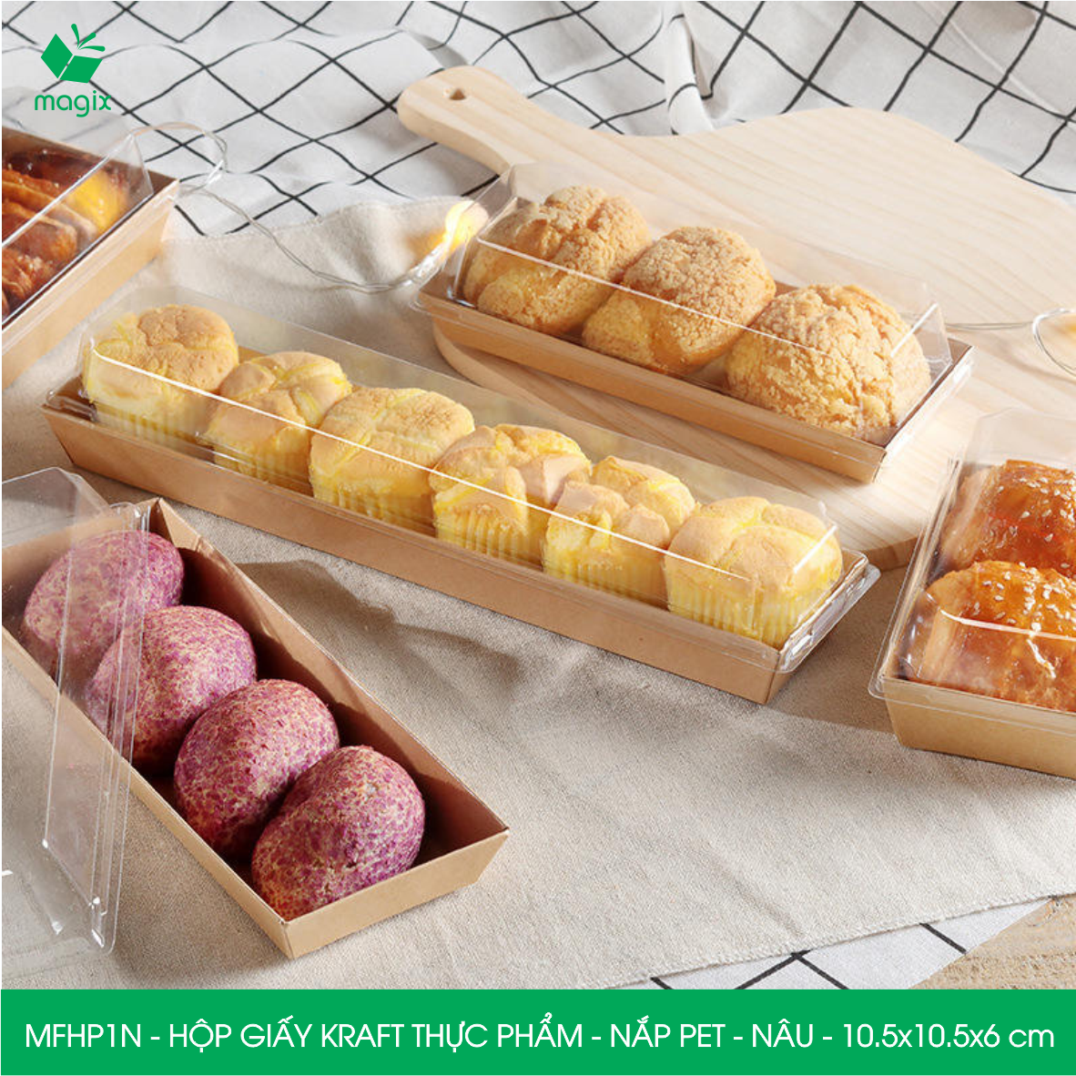 Combo 25 hộp giấy thực phẩm nắp Pet, hộp giấy đựng thức ăn, hộp bánh nắp trong