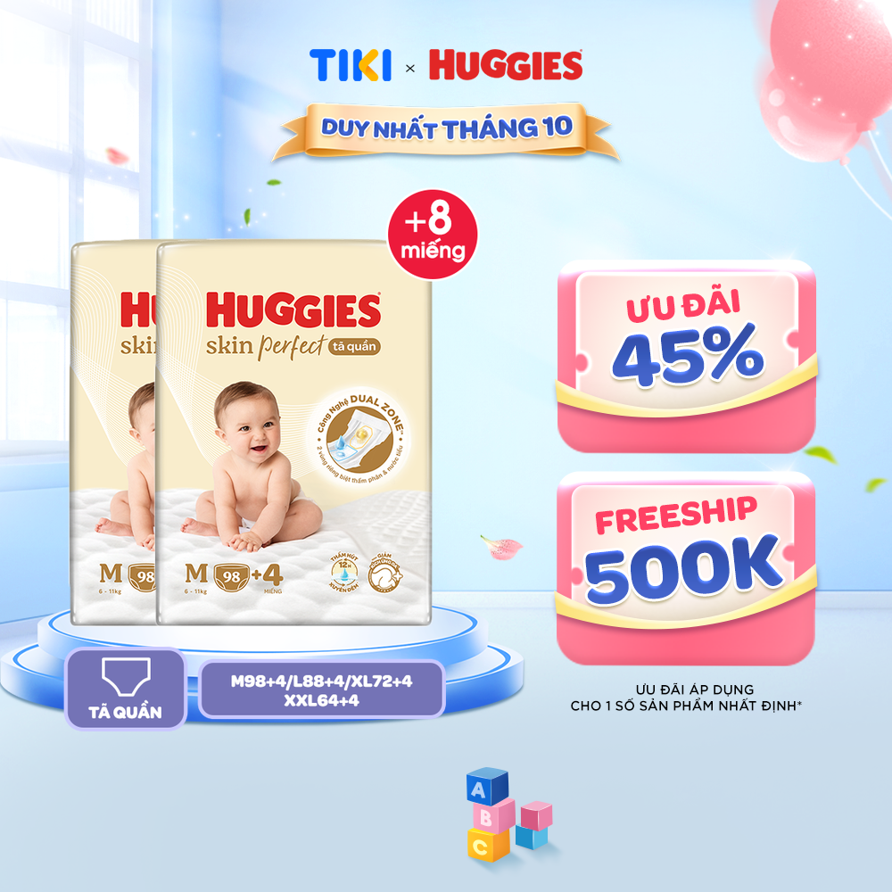 Combo 2 gói Tã quần Huggies Skin Perfect Mega Jumbo M98+4/L88+4/XL72+4/XXL64+4 miếng với 2 vùng thấm giảm kích ứng da