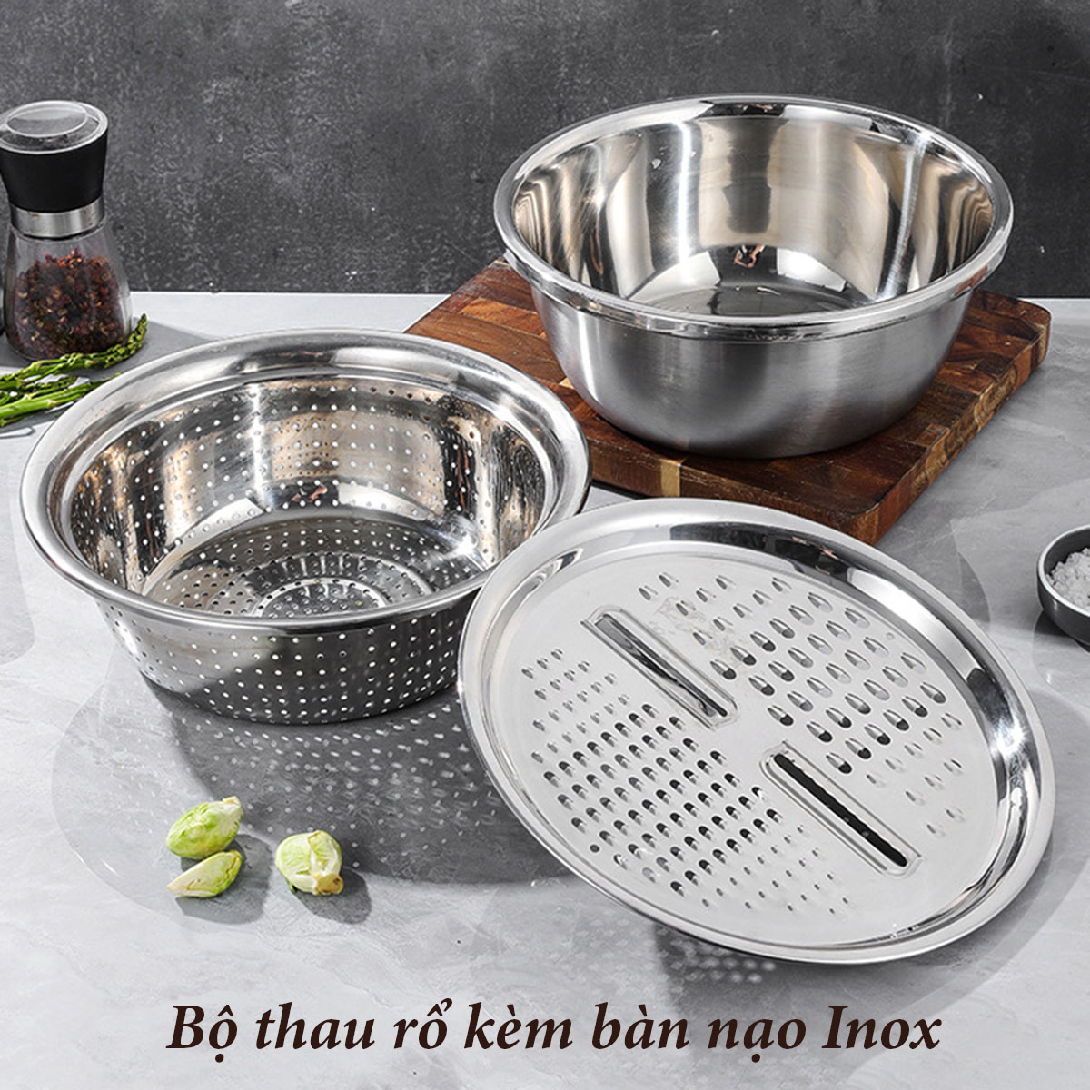 Bộ thau rổ kèm bàn nạo Inox cao cấp - bảo hành không han rỉ