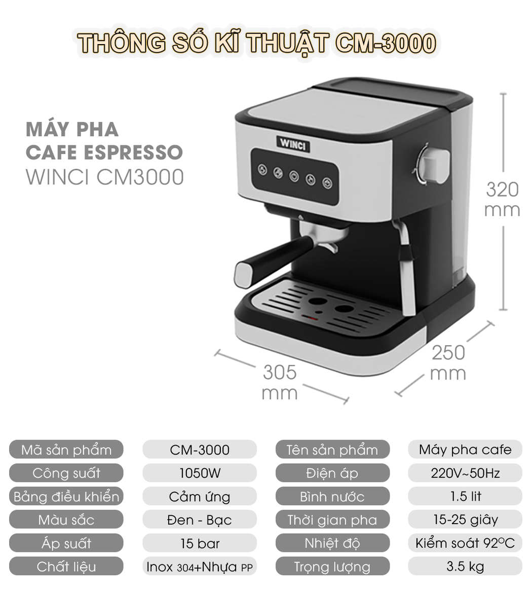 Máy pha cafe tự động Espresso, cafe sữa, cafe bọt WINCI-KF3000, Hàng Nhập Khẩu.