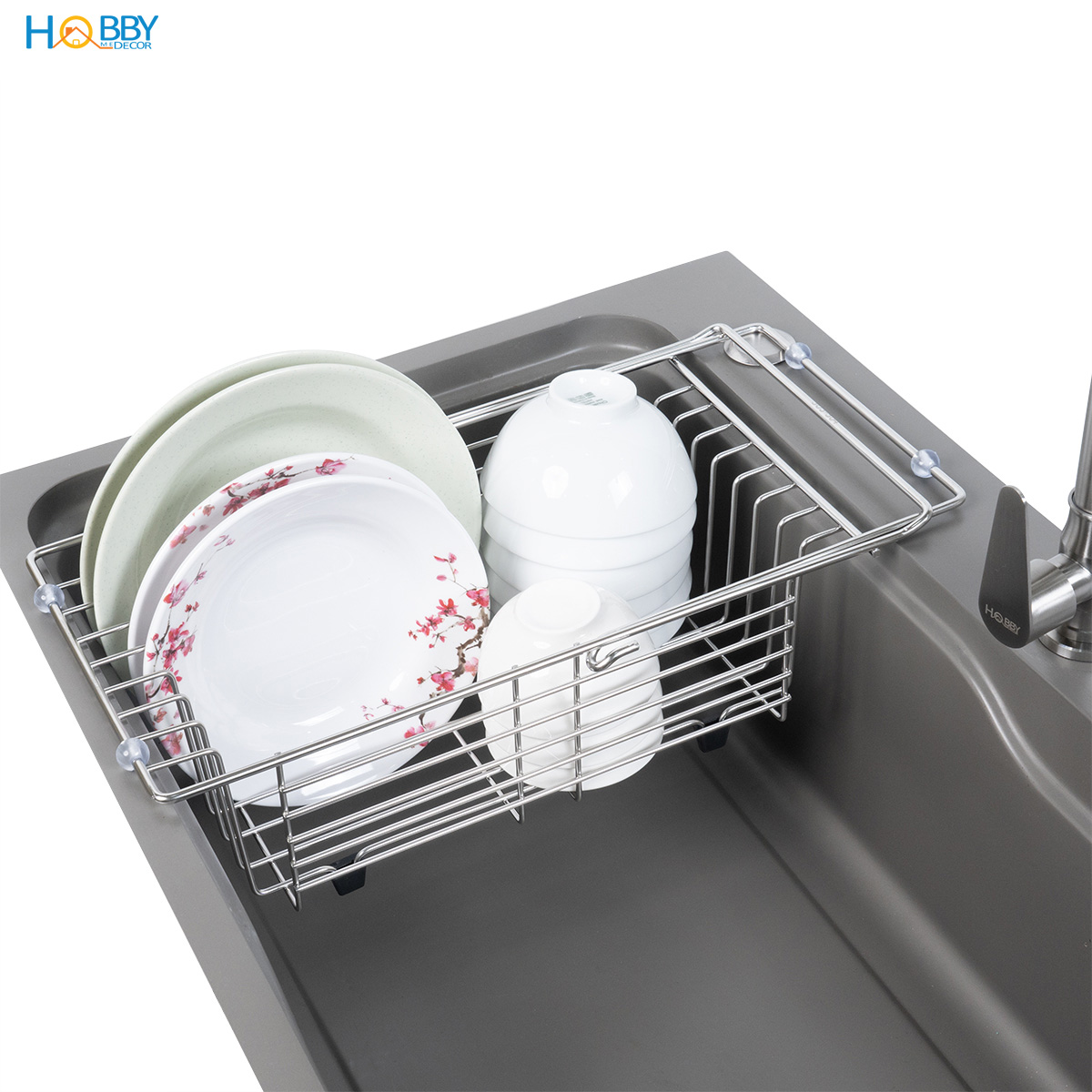 Khay đựng đồ chén đĩa gác trong chậu inox 304 Hobby home decor KDC7