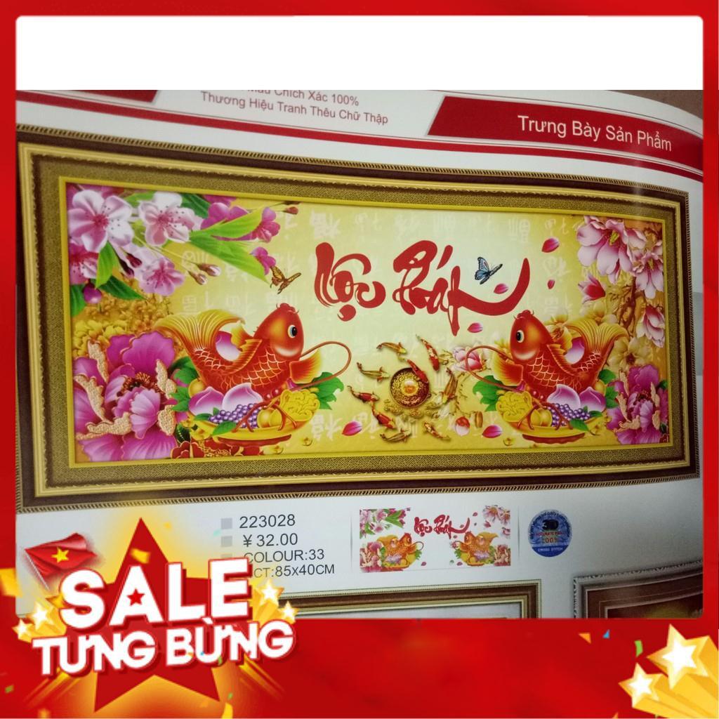 Tranh thêu chữ thập thư pháp lộc phát cá chép hoa mẫu đơn KT 85x40cm