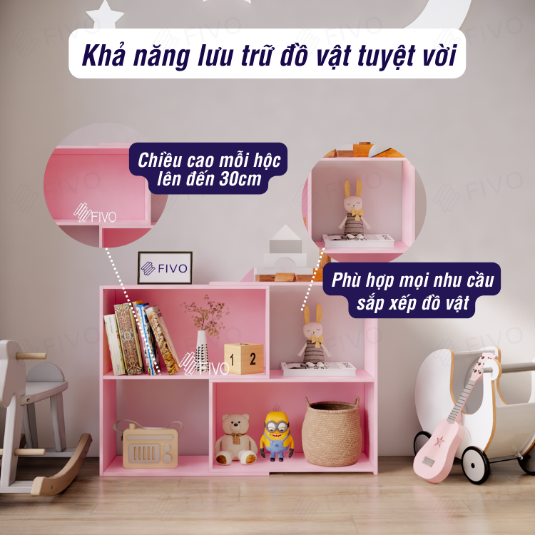 Kệ Sách Gỗ Đa Năng Tiện Lợi FIVO FB71 Màu Hồng, Đa Dụng Với Tính Năng 2IN1 Kéo Mở Tùy Thích, Phù Hợp Nhiều Không Gian - Hàng Chính Hãng