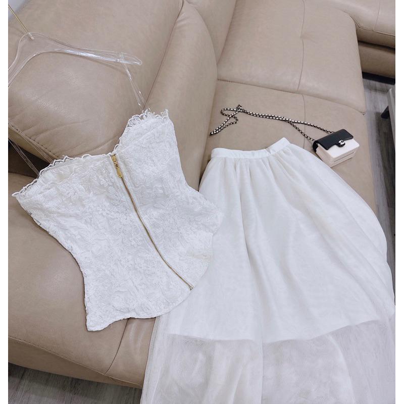 SET ÁO TRẮNG TRỄ VAI TÚI NẮP + CHÂN VÁY MIDI LƯỚI