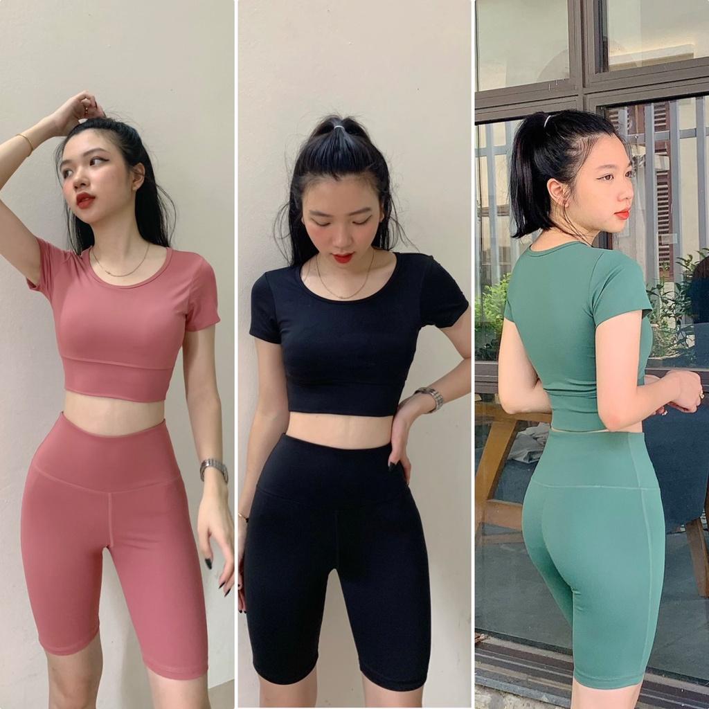 Set croptop đùi cạp bằng kèm mút tập gym yoga aerobic nữ chất thun lạnh 4 chiều co giãn(Bộ croptop đùi cạp bằng)-Ng02