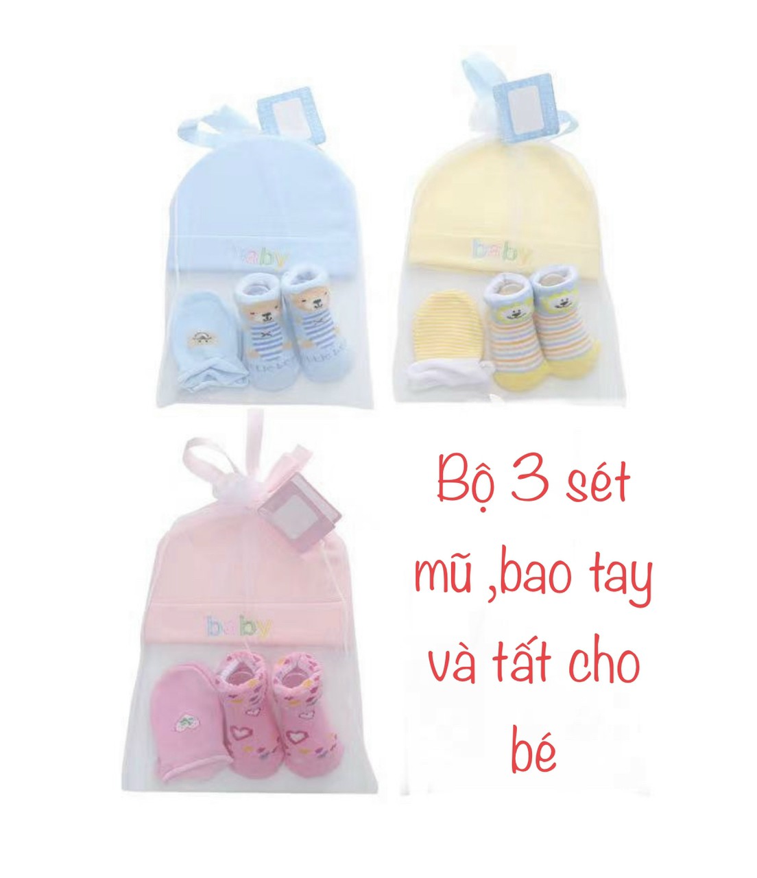 Set 3 món gồm mũ che thóp, bao tay, bao chân dùng cho bé sơ sinh hàng loại 1 cao cấp