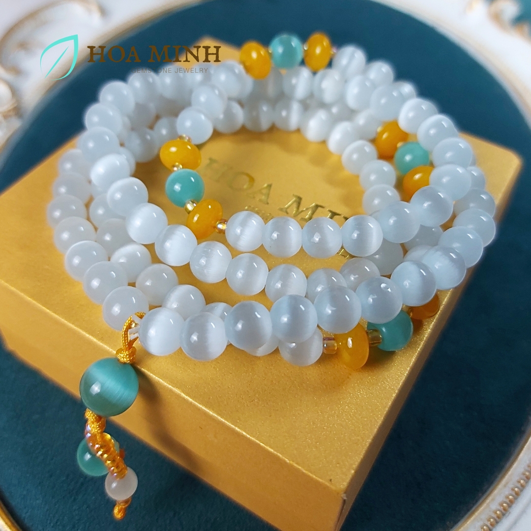 Vòng tay đá Mắt Mèo trắng size hạt 8 li chuỗi 108 hạt phối mắt mèo xanh, hạt bánh xe mã não vàng